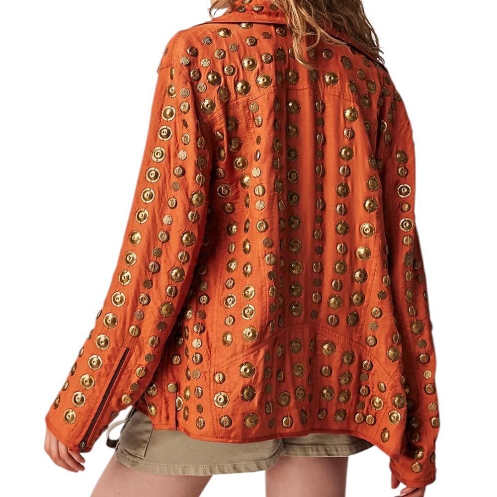 FREE PEOPLE Chelsea Coin Moto Jacket Orange Gold Embellished Studded XS